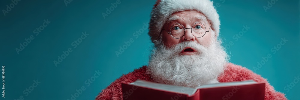 Naklejka premium Santa Claus holds a large red book while looking surprised against a bright blue background during the holiday season
