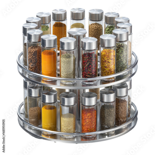 Rotating spice rack with two tiers.  Clear acrylic base, stainless steel spice jars, assorted spices