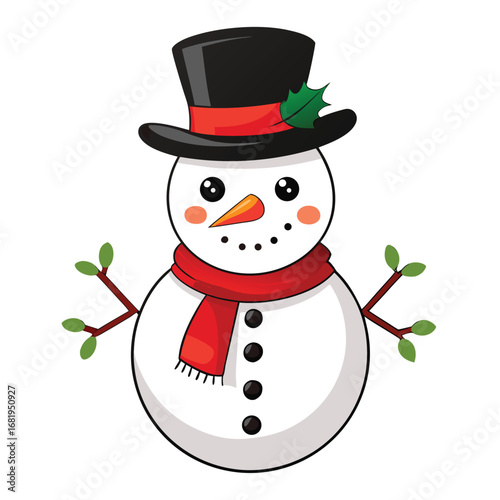 Charming cartoon snowman with top hat scarf and carrot nose festive winter character for holiday celebrations vector