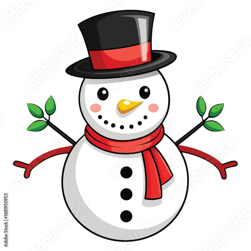 Cheerful cartoonish snowman wearing a black top hat and red scarf with twig arms holding green leaves festive holiday character vector