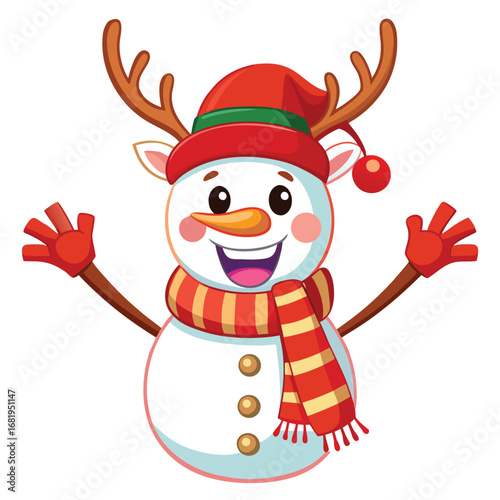 Cheerful cartoon snowman with antlers and scarf radiates festive holiday spirit ready for winter fun and celebration vector