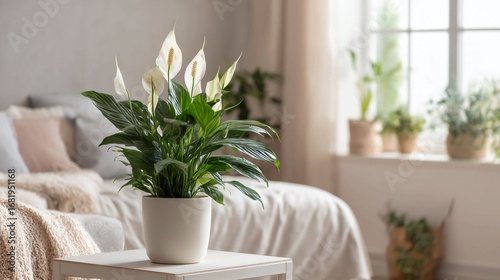 Peace lily plant in a pot on a table in a bright room.