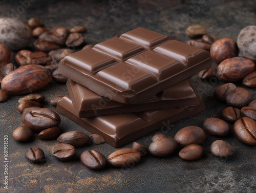 Stacked chocolate bars with coffee beans and cocoa pods on dark background