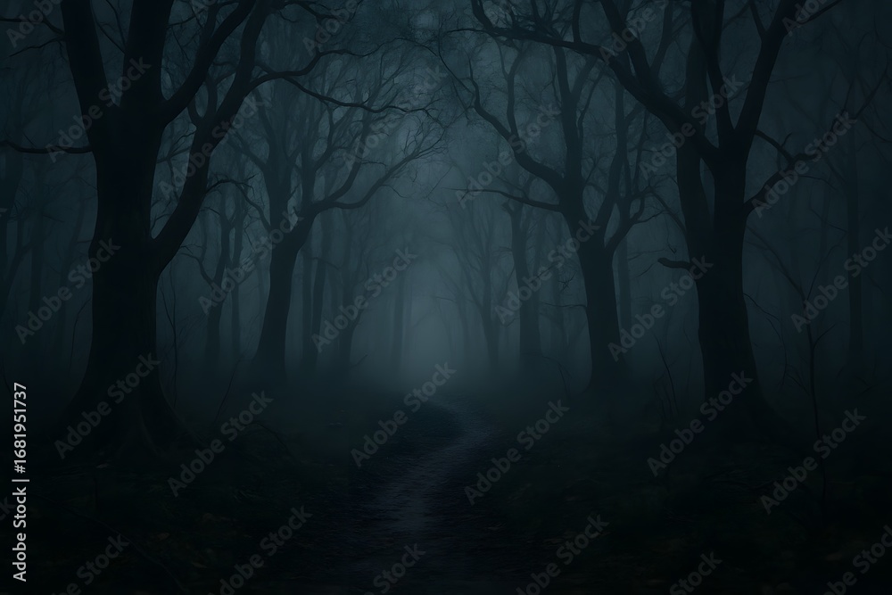 Fototapeta premium Spooky Halloween forest in the fog at night