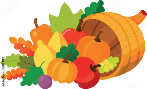Cornucopia overflowing with autumn harvest fruits and vegetables a symbol of abundance and Thanksgiving celebration illustration