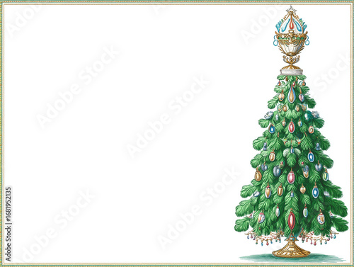 Elegant christmas tree with ornaments and golden frame celebrating christmas holiday