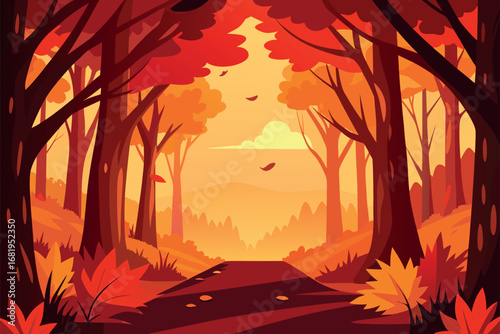 Autumn Forest Path with Vibrant Orange and Red Foliage in a Serene and Peaceful Landscape