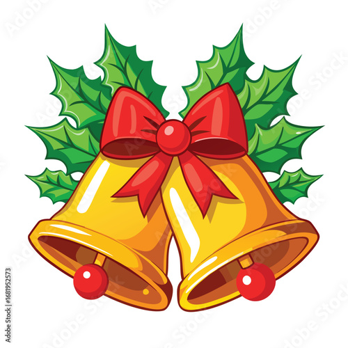 Two golden christmas bells adorned with a vibrant red bow and festive holly leaves vector