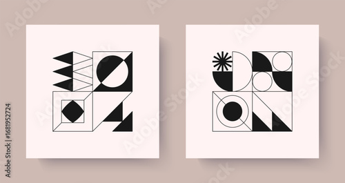 Abstract modular pattern designs.Bold geometric compositions with simple shapes and forms.Trendy swiss aesthetic.Brutalist inspired graphics for digital prints,branding,packaging,web,posters,emblems.