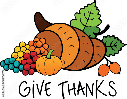 Happy Thanksgiving cornucopia with autumn fruits and pumpkin