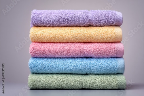 Stack of colorful folded towels on a light background