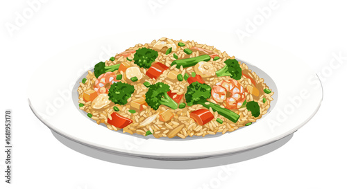 Fried rice with vegetables. Shrimp fried rice with vegetables on a white plate  
