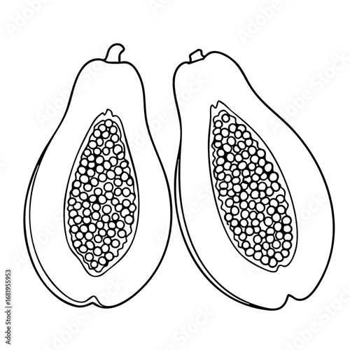 Outline drawing of two sliced papaya halves showing numerous seeds, on a plain white background. Simple black line art illustration of tropical fruit.