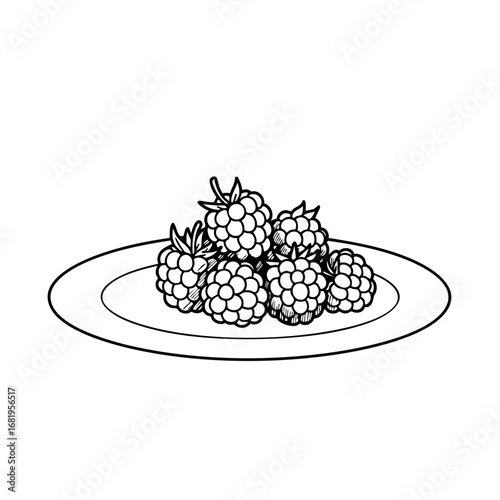 Line art illustration of a small pile of raspberries on a simple plate, isolated on a white background.