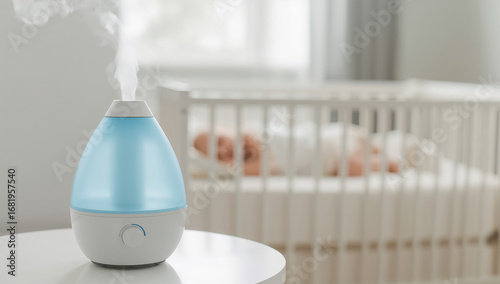a humidifier stands on a table in a children's room, in the background a baby is sleeping in a crib