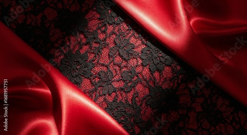 Red satin fabric background with black lace detail. Elegant textile texture for luxury event decoration and burlesque concepts.