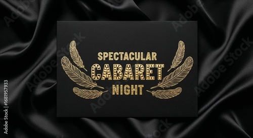 Gold cabaret poster on black satin with feathers. A luxurious invitation for an entertainment performance. Event promotion for nightclub.