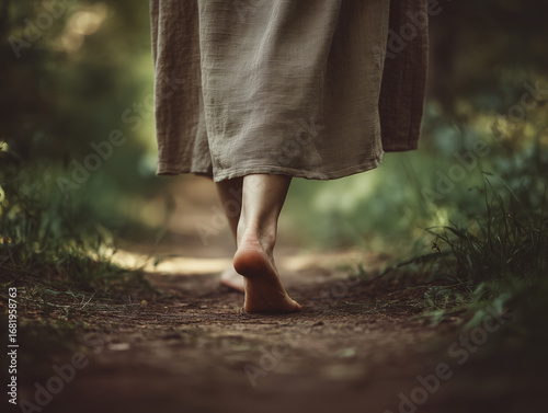 Woman walking barefoot on dirt path in forest