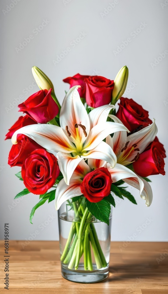 Fototapeta premium Crimson roses and pristine white lilies in a glass vase, glass vase, beauty