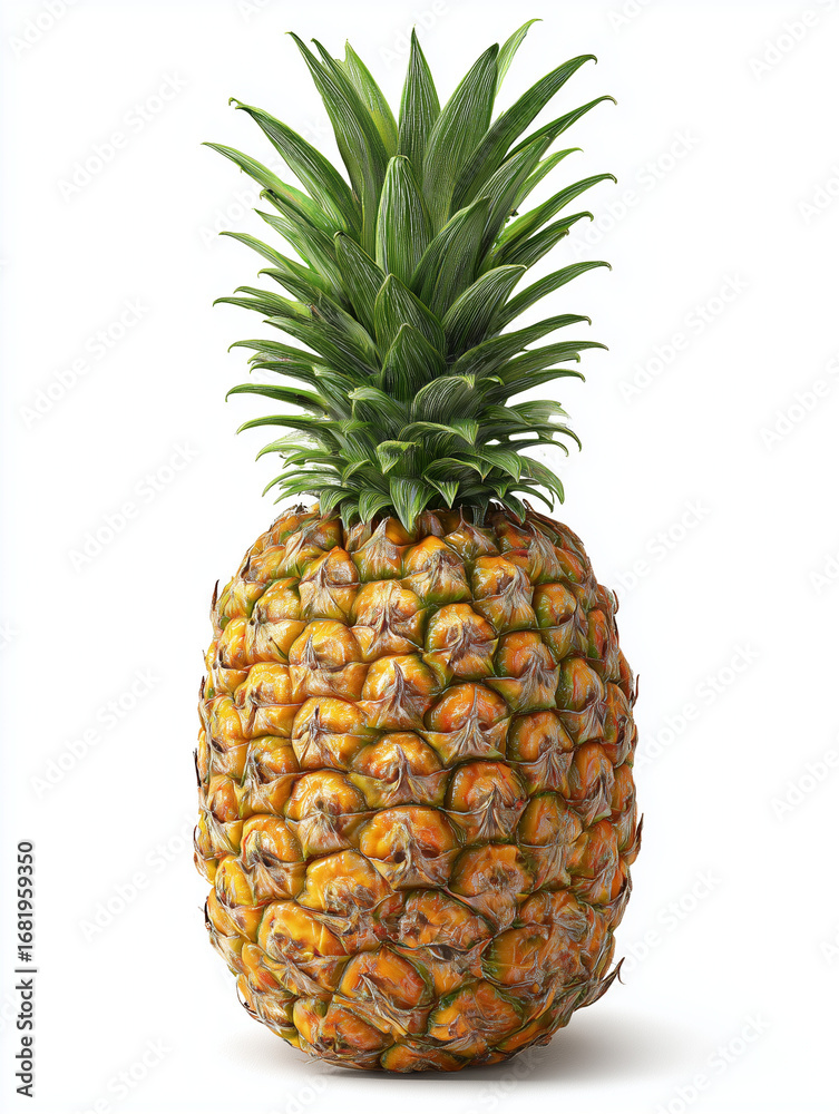 Fototapeta premium Ripe pineapple standing on white background with green leaves