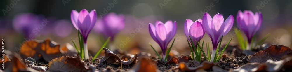 Naklejka premium Purple crocus flowers push through dead leaves and branches , nature, flower, winter