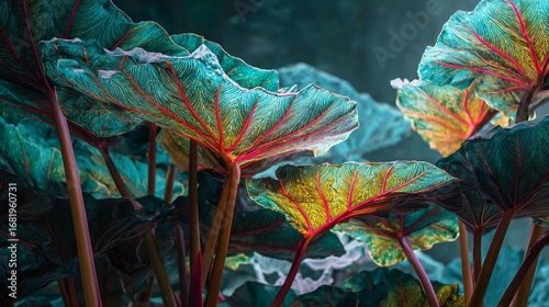 A low-angle view of large, glowing teal leaves with prominent red veins, creating a mysterious and fantastical atmosphere.
