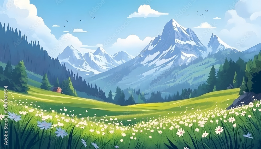 Fototapeta premium The illustration shows a picturesque valley landscape featuring snow-capped mountains, lush green meadows filled with white flowers, and a small cabin nestled amongst the trees.