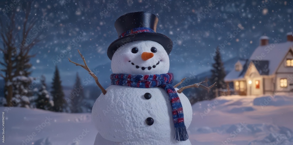 Obraz premium Charming snowman, starry night, snowy landscape, december, holiday