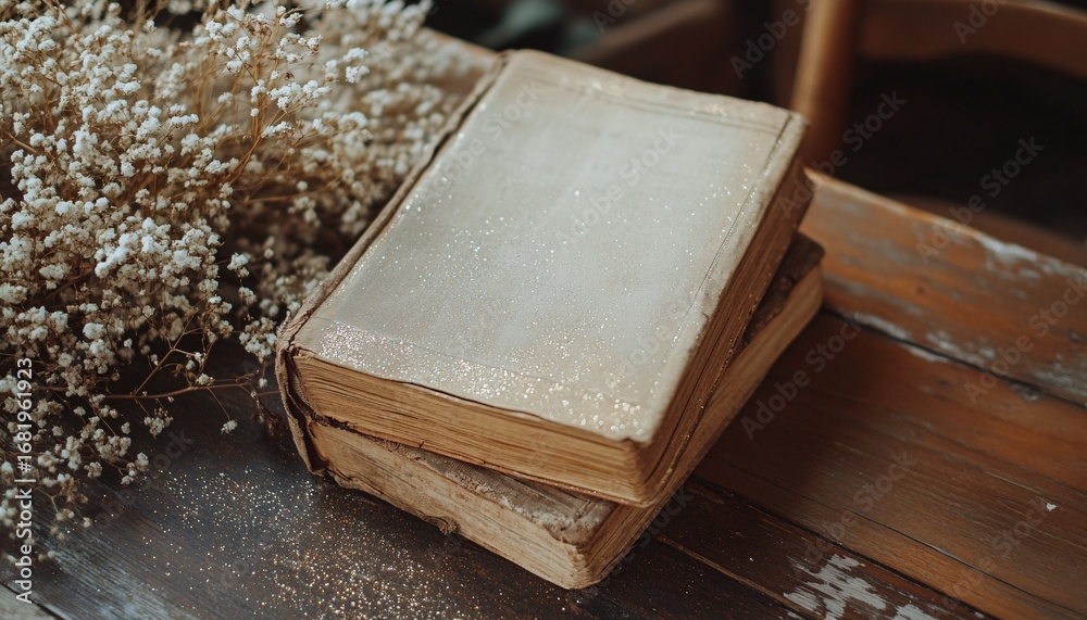Obraz premium Two aged books with speckled covers sit on a dark brown wooden surface next to a bunch of dried white flowers, and gold glitter is sprinkled on the table.