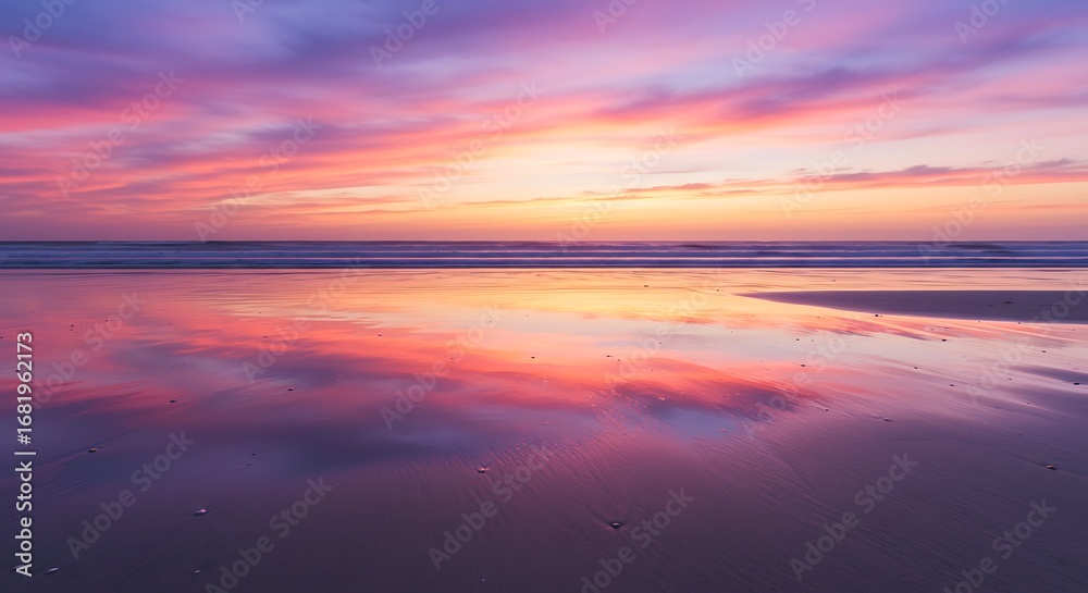 Fototapeta premium Vibrant Sunset Reflection on Wet Sand.
