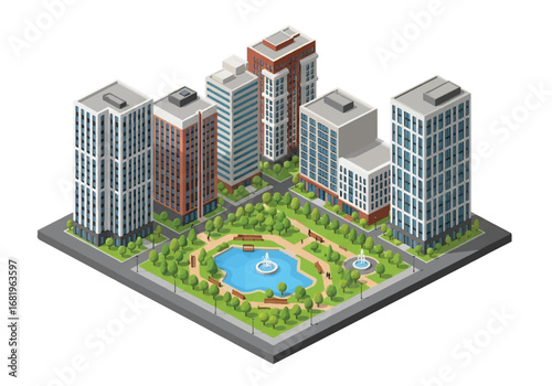 Isometric 3D view of a city park with fountains, walking paths, trees, and a pond surrounded by tall modern buildings, ideal for urban planning, real estate, lifestyle, and travel concepts