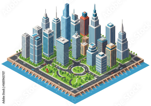 Isometric 3D view of a modern business district with skyscrapers, roundabout, waterfront roads, and green spaces, ideal for real estate, finance, urban planning, and corporate development concepts