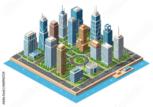 Isometric 3D view of a modern business district with skyscrapers, roundabout, waterfront roads, and green spaces, ideal for real estate, finance, urban planning, and corporate development concepts