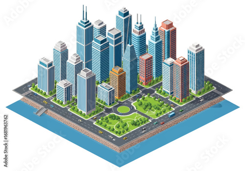 Isometric 3D view of a modern business district with skyscrapers, roundabout, waterfront roads, and green spaces, ideal for real estate, finance, urban planning, and corporate development concepts