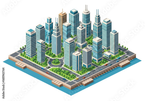 Isometric 3D view of a modern business district with skyscrapers, roundabout, waterfront roads, and green spaces, ideal for real estate, finance, urban planning, and corporate development concepts