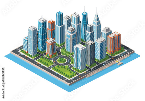 Isometric 3D view of a modern business district with skyscrapers, roundabout, waterfront roads, and green spaces, ideal for real estate, finance, urban planning, and corporate development concepts