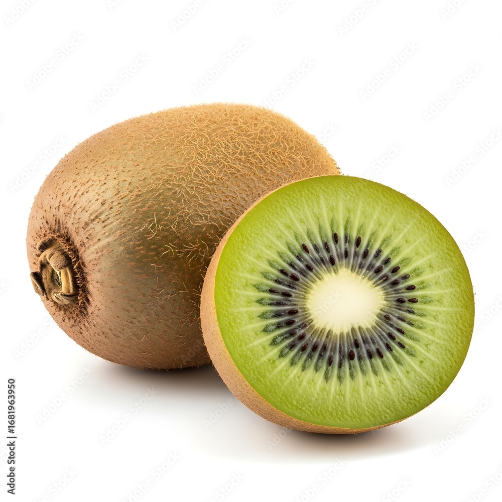 Obraz premium Fresh Kiwi with Slice on White Background