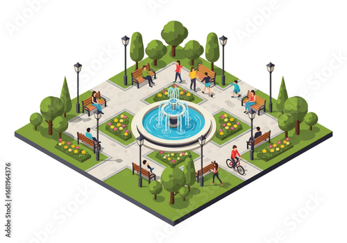 Isometric 3D view of a city park with fountain, benches, trees, flower beds, and walking paths, ideal for urban design, leisure, lifestyle, travel, and environmental concepts