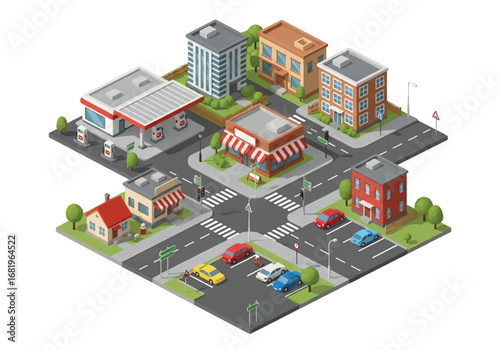Isometric 3D view of a busy city intersection with shops, houses, office buildings, gas station, cars, and crosswalks, perfect for urban planning, business, real estate, and marketing themes