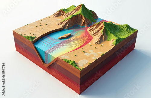 3D coastal cross-section with layered strata and colored sediment flows illustrating sedimentation, bathymetry and coastal geomorphology.
