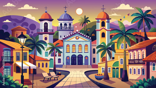Salvador de Bahia, Brazil, shines with pastel buildings, decorated churches, and tiled streets. Evening lamps illuminate plazas; semi-realistic flat vector capturing Afro-Brazilian culture, architectu