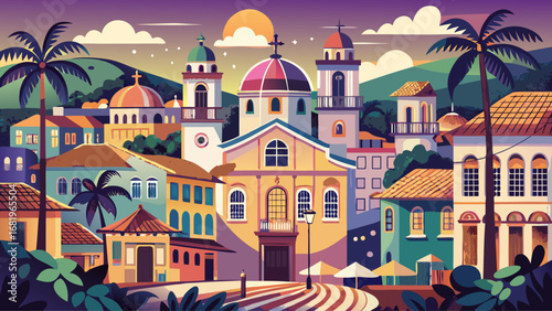 Salvador de Bahia, Brazil, shines with pastel buildings, decorated churches, and tiled streets. Evening lamps illuminate plazas; semi-realistic flat vector capturing Afro-Brazilian culture, architectu