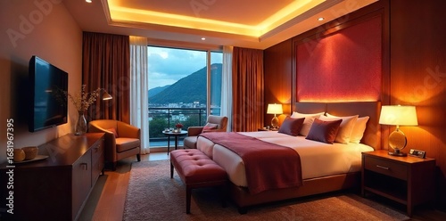 Luxurious hotel room with warm, ambient lighting creating a relaxing atmosphere Perfect for travel, hospitality, and interior design websites and publications , mood lighting, sleep, nightstand
