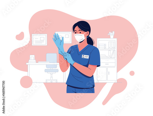 female nurse with a mask putting on gloves
