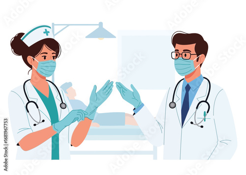 female nurse with a mask putting on gloves female nurse wearing mask and gloves, while communicating with doctor