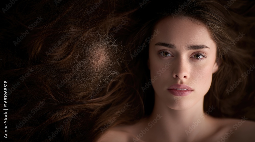Fototapeta premium Scalp health issue: hair disease, skin irritation, growth reduction, crown dryness, root inflammation, tissue imbalance, cellular stress, follicle shift, shedding scale, epidermis trait,