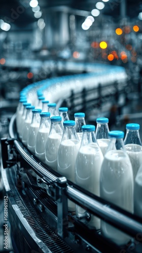 Bottles of fresh milk move along a conveyor belt in a modern dairy processing facility during production hours