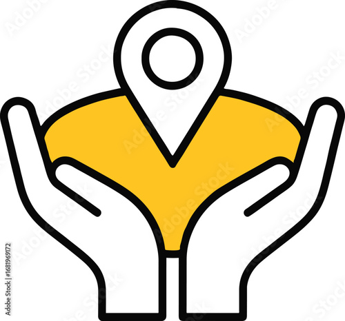 Hands holding a location pin isolated on white background, symbolizing support and guidance in finding a destination, highlighting gps navigation and travel assistance with a clear map pointer