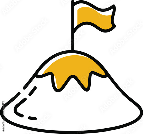 Mountain peak with a flag on top, isolated on white background, representing achievement, success, reaching goals, overcoming challenges, and digital communication for finding destinations