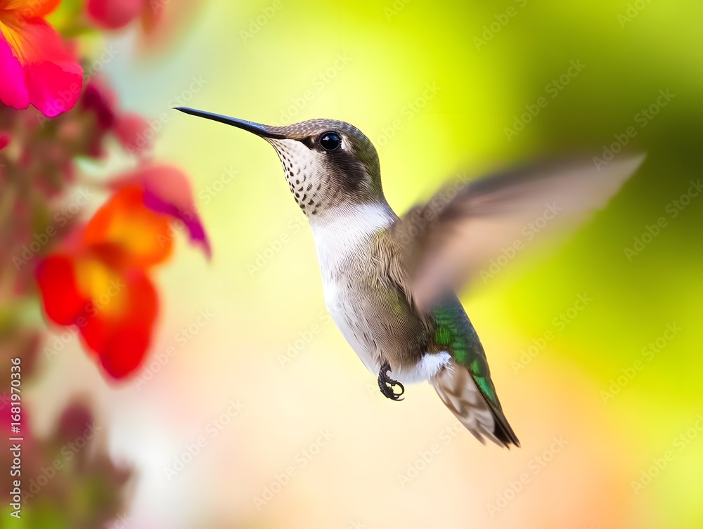 Fototapeta premium Vibrant Hummingbird in Flight: Macro Nature Photography in Blooming Garden